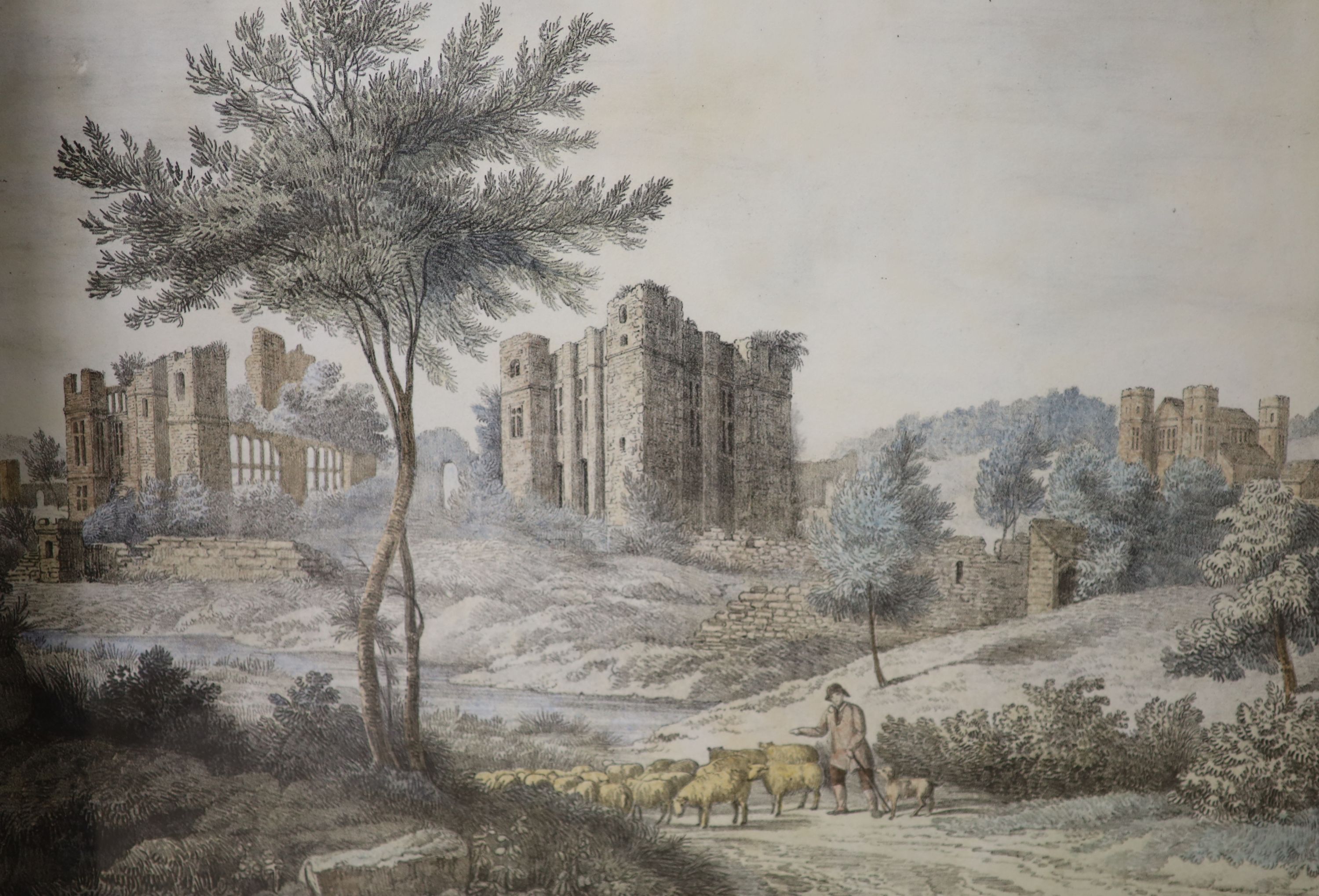 S & N Buck, coloured engraving, East View of Esher Place, Surrey, 20 x 37cm, a coloured lithograph of Kenilworth Castle by Whitlock and two other engravings